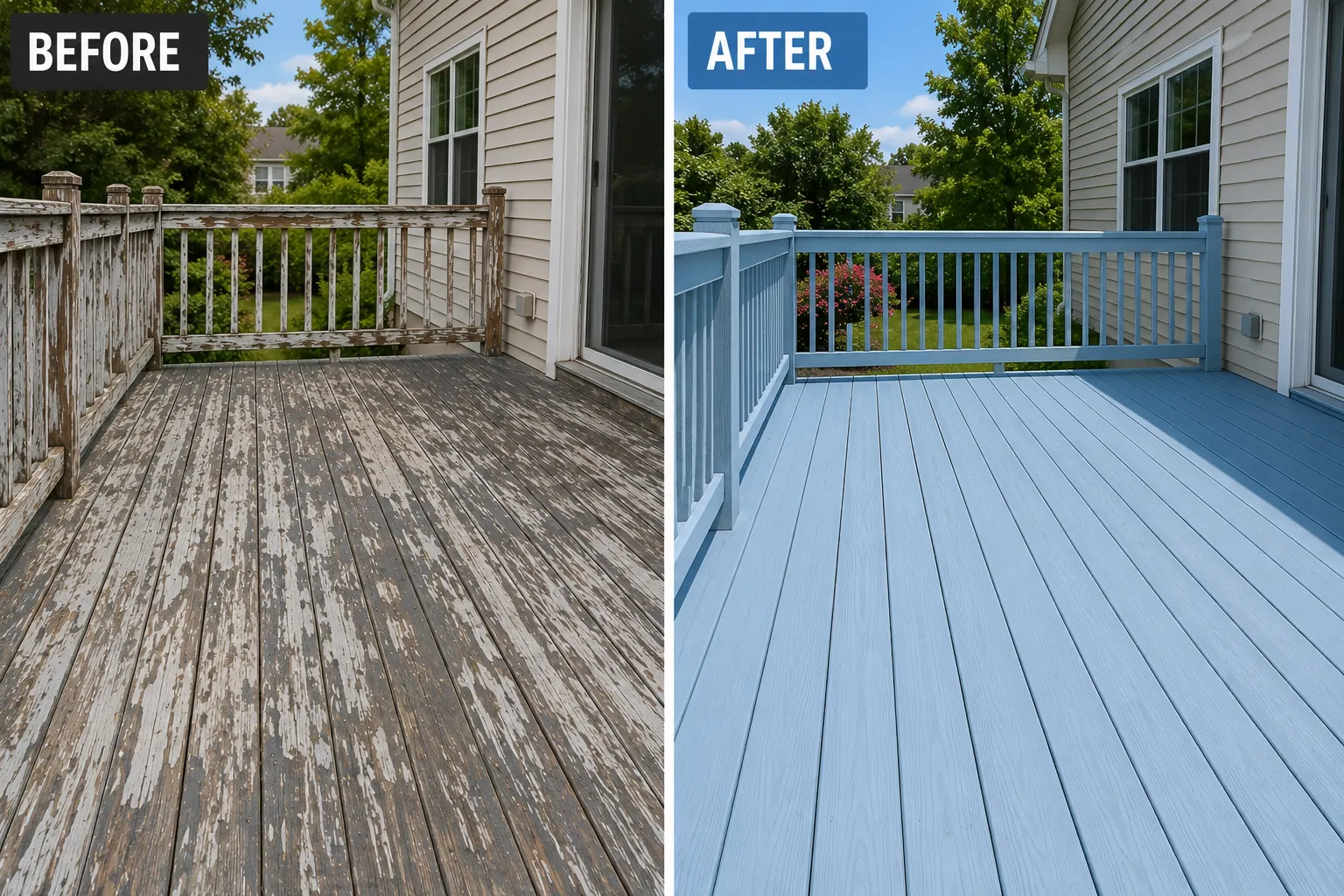Before and after blue gray deck restoration photo