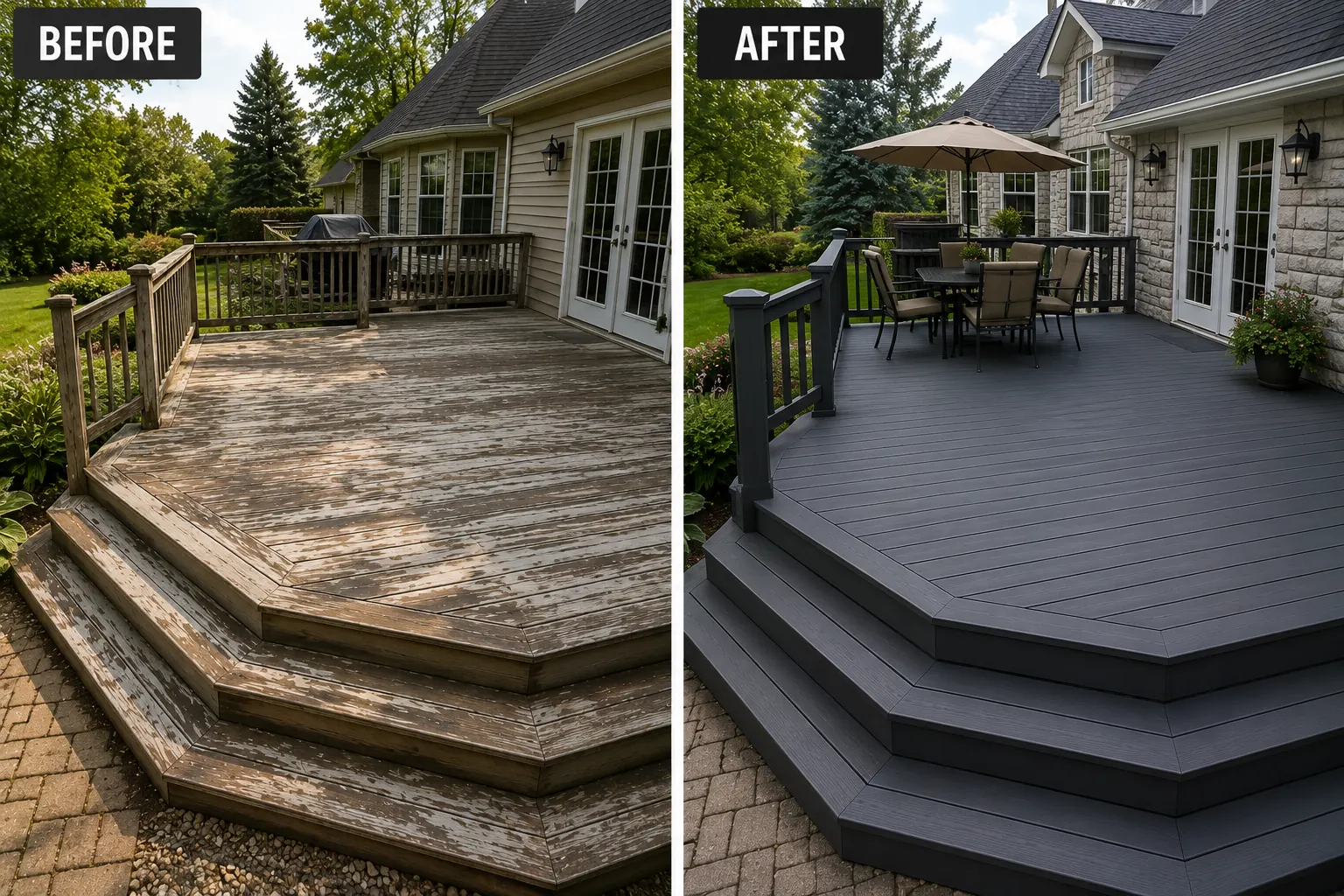 Before and after deck staining after proper prep in Cedar Rapids, Iowa