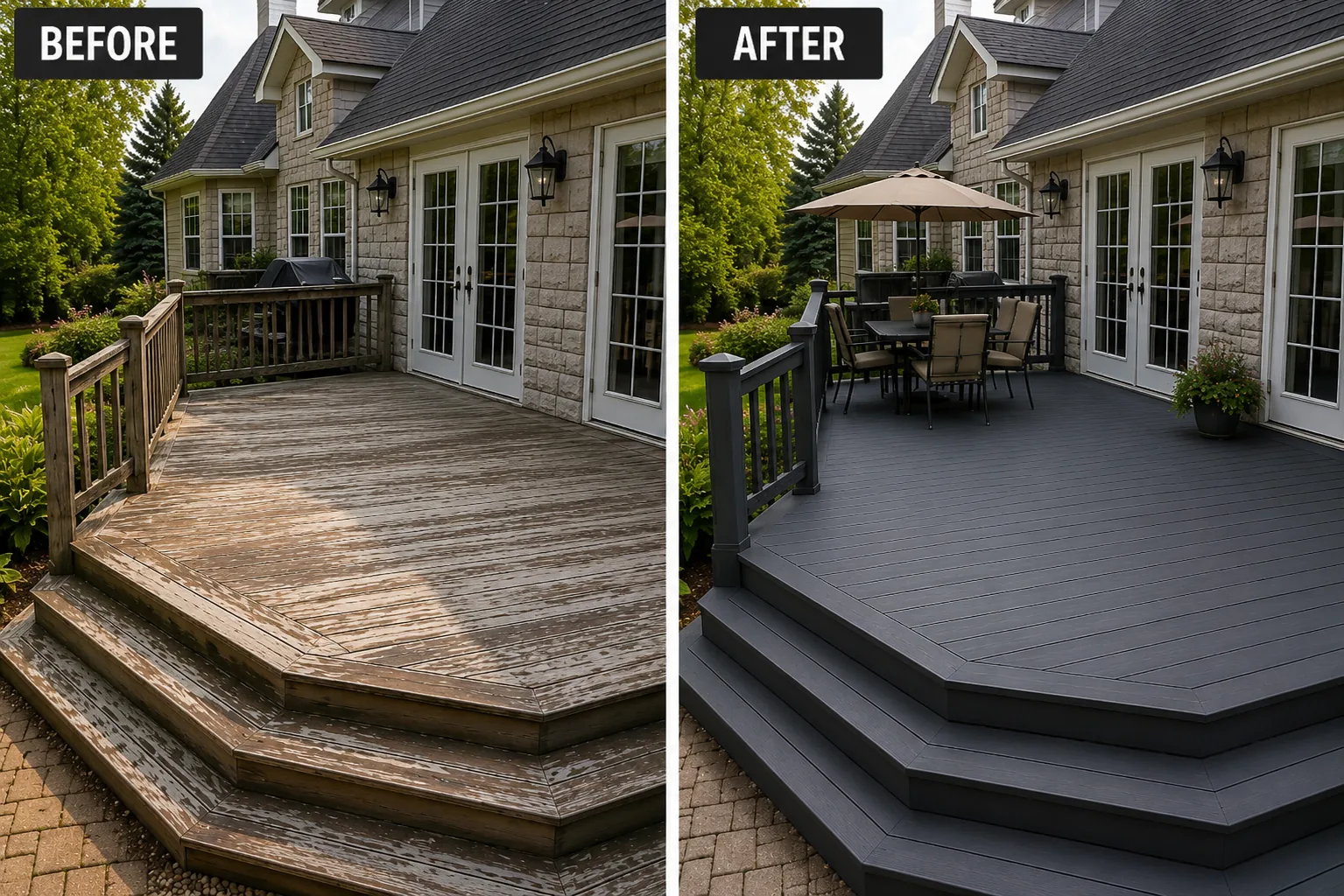 Finished gray deck restoration example for Cedar Rapids Iowa City and Eastern Iowa
