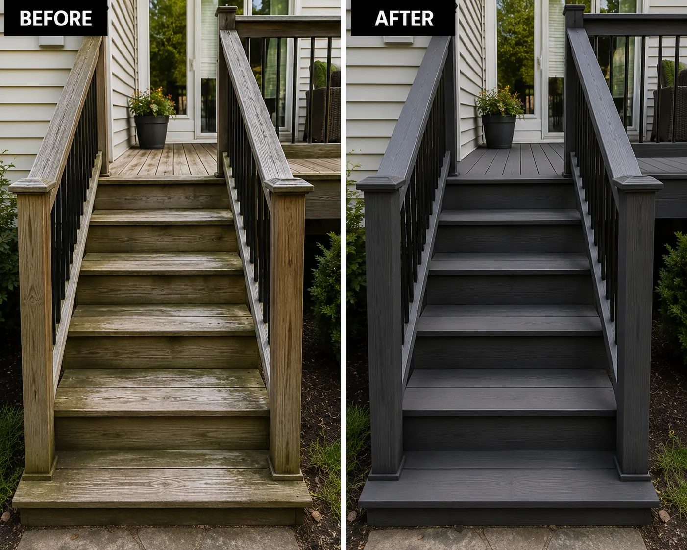 Real weathered deck steps and railings before and after a gray finish in Marion, Iowa