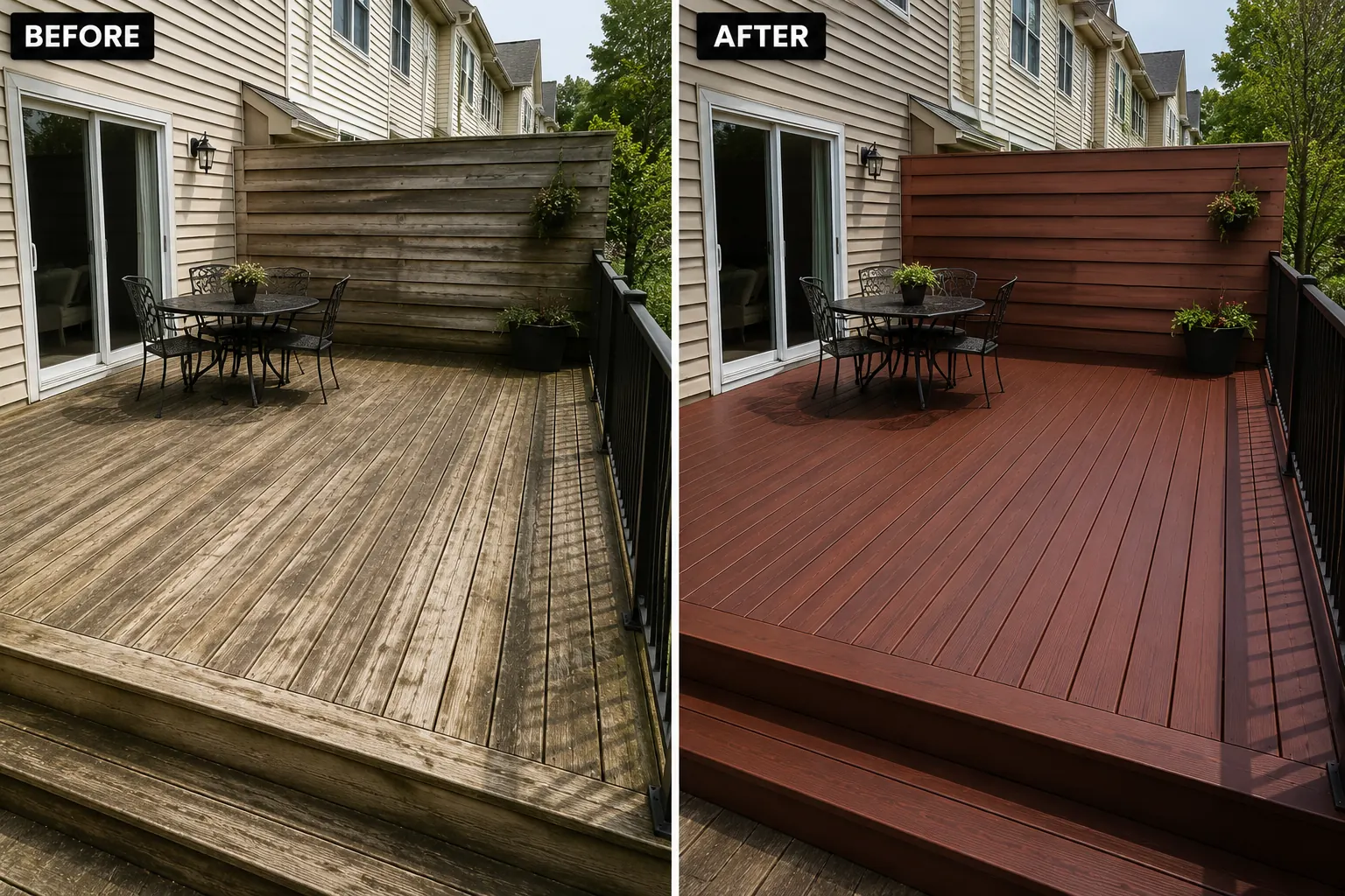 Real Iowa City deck and privacy wall before and after refinishing