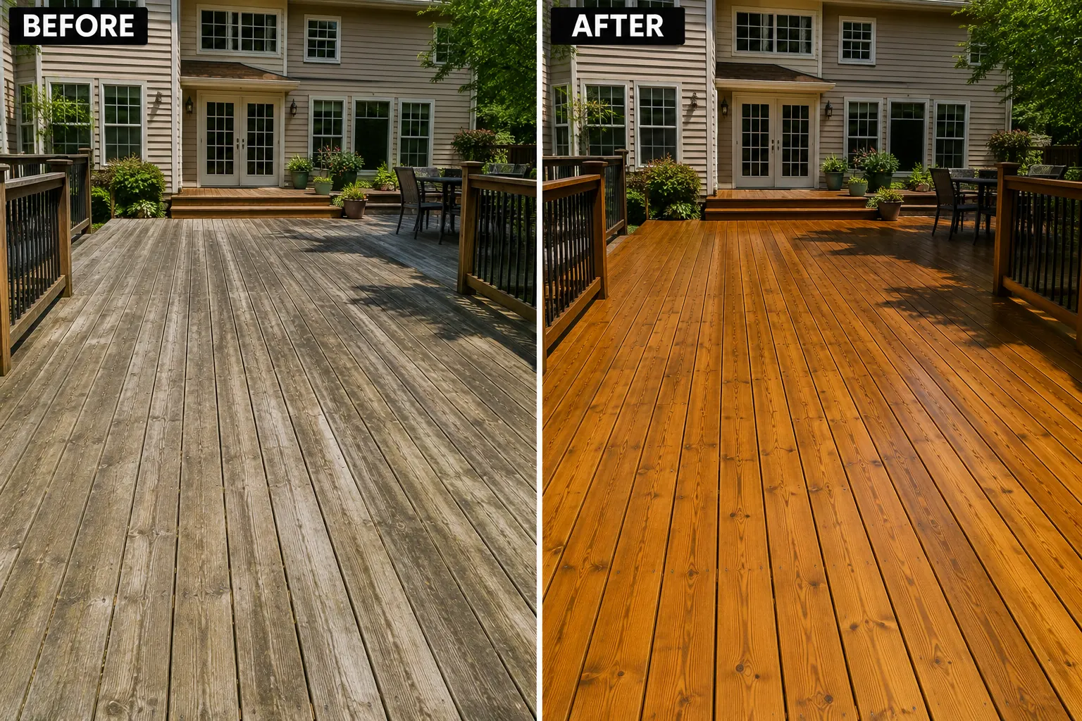 Before and after natural wood deck staining photo