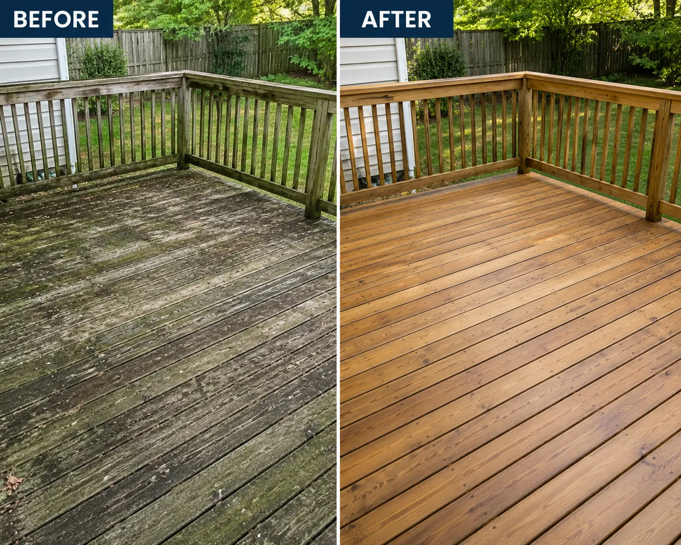 Weathered deck before and after restoration with natural stain