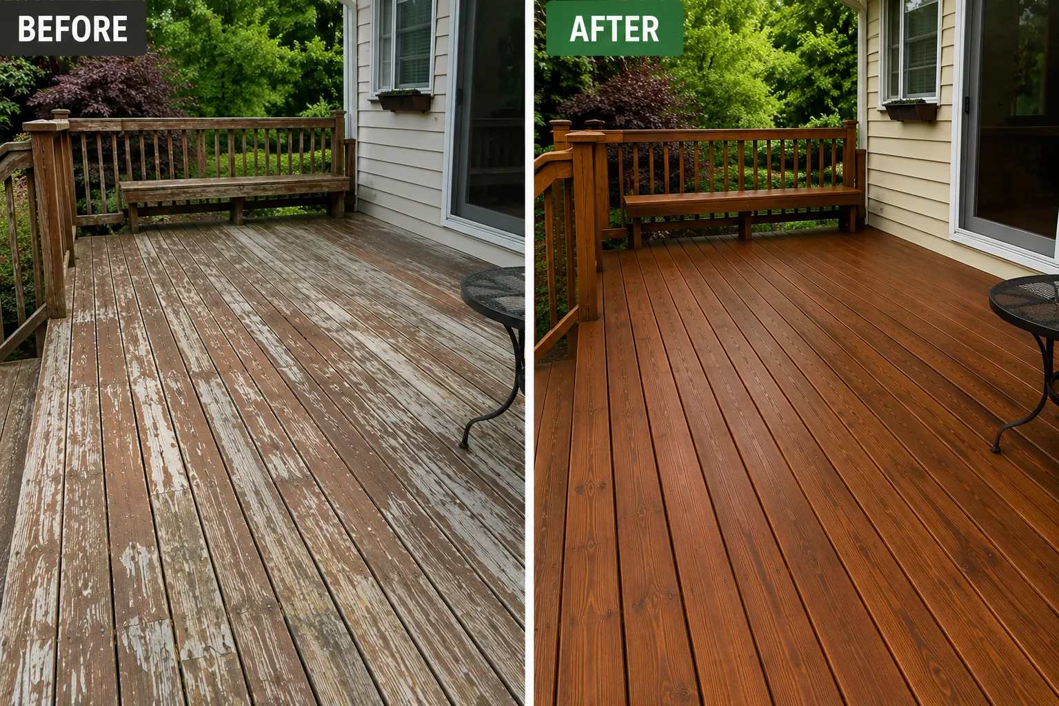 Nearby Cedar Rapids wood-tone deck staining before and after photo