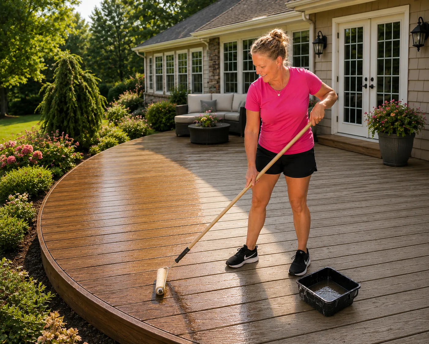 Wood deck staining with roller on large outdoor deck