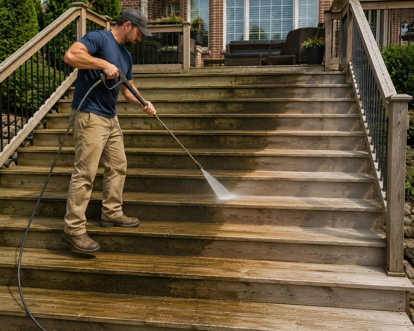 Deck steps being pressure washed before staining