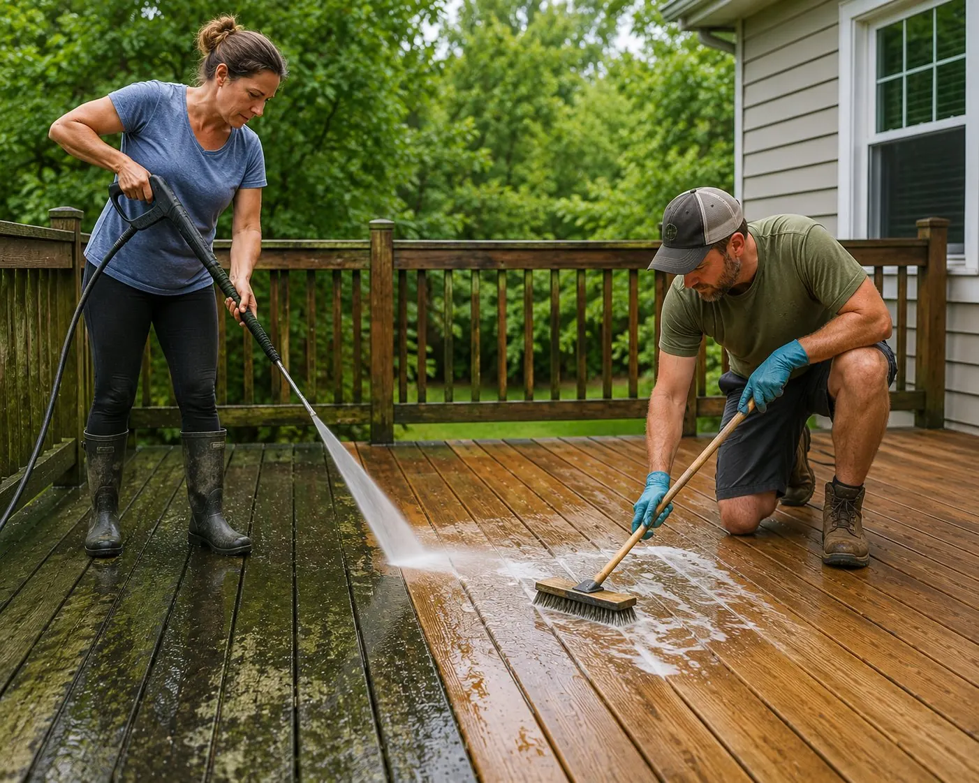 Deck washing and scrubbing before staining