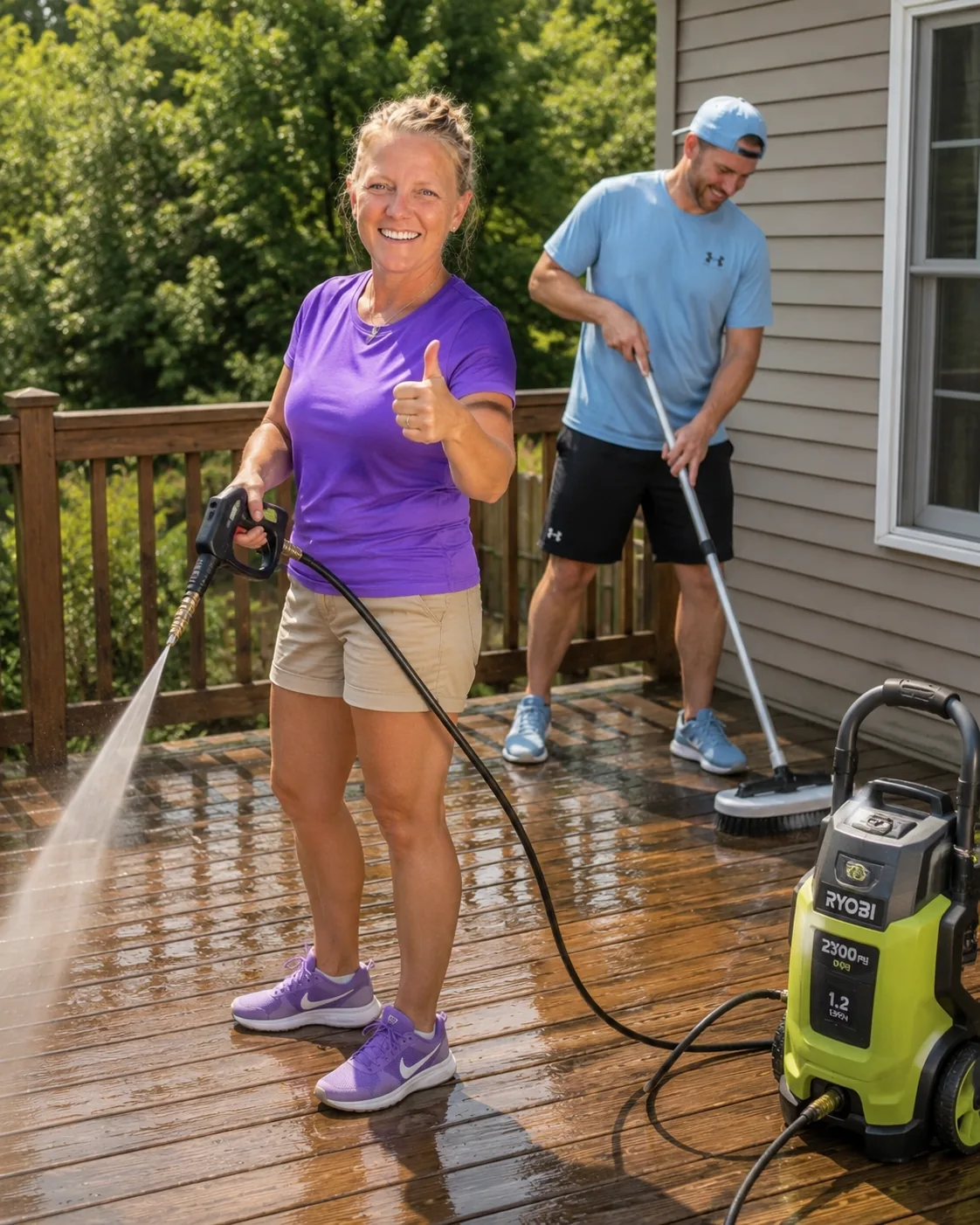 Deck washing crew cleaning a wood deck
