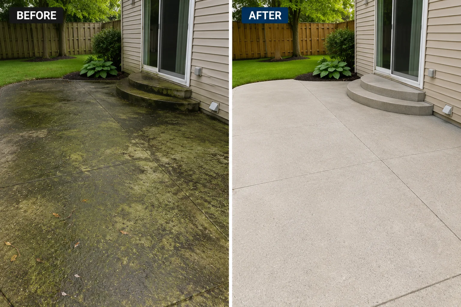 Before and after backyard concrete patio pressure washing project in Cedar Rapids, Iowa