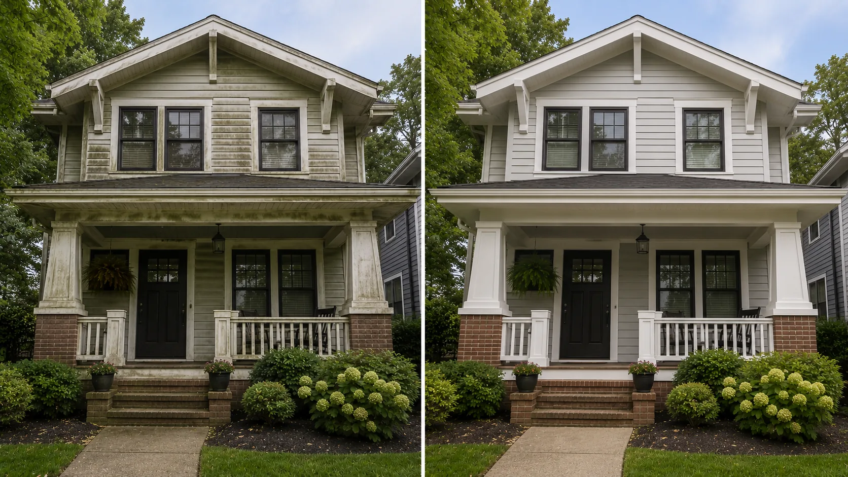 Before and after soft washing project on a Craftsman home in Cedar Rapids, Iowa