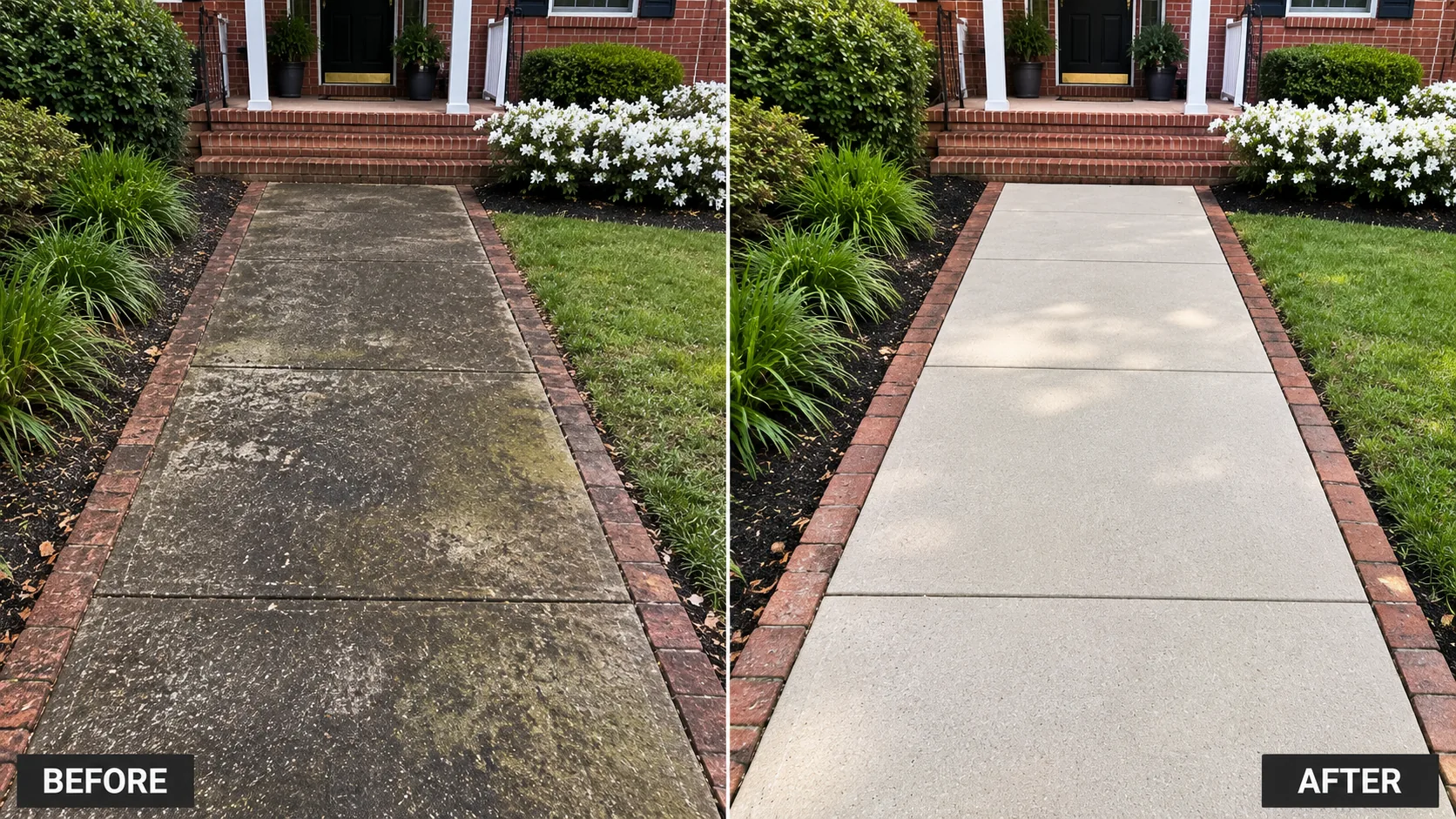 Before and after front walkway pressure washing project in Cedar Rapids, Iowa