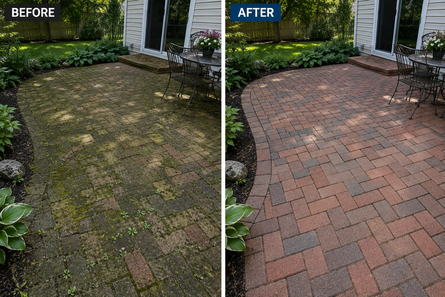 Before and after paver patio cleaning project in Cedar Rapids, Iowa