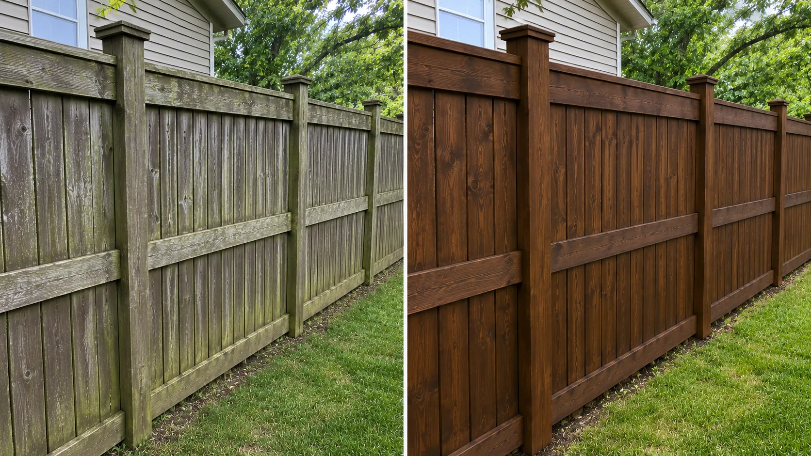 Before and after privacy fence cleaning and staining project in Cedar Rapids, Iowa