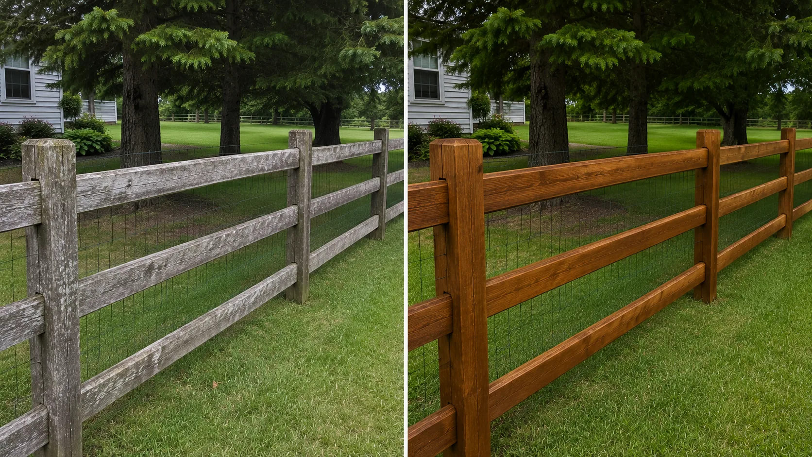 Before and after split rail fence washing and staining project in Cedar Rapids, Iowa
