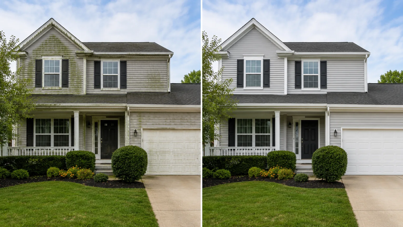 Before and after vinyl siding house washing project in Cedar Rapids, Iowa