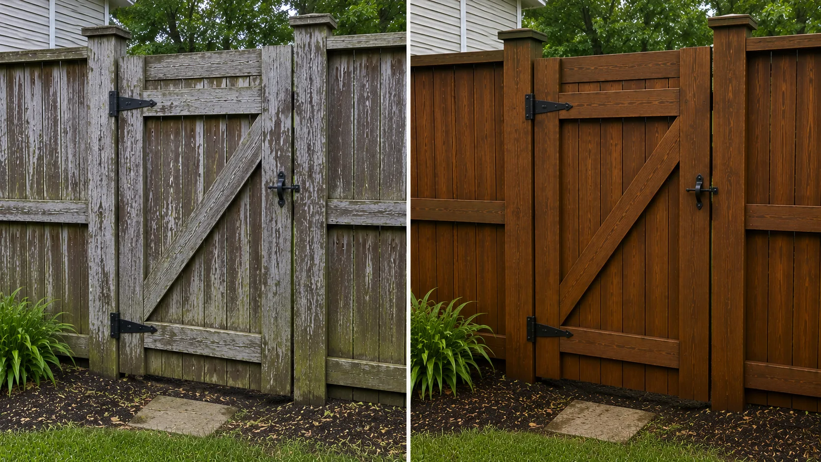 Before and after wood fence gate restoration project in Cedar Rapids, Iowa