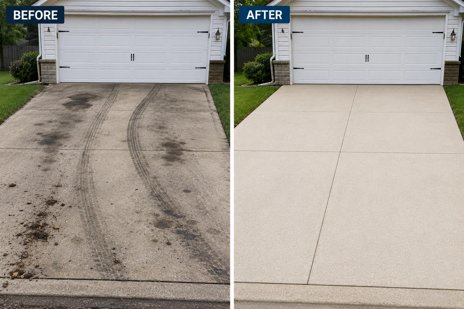 Before and after concrete driveway pressure washing project in Coralville, Iowa