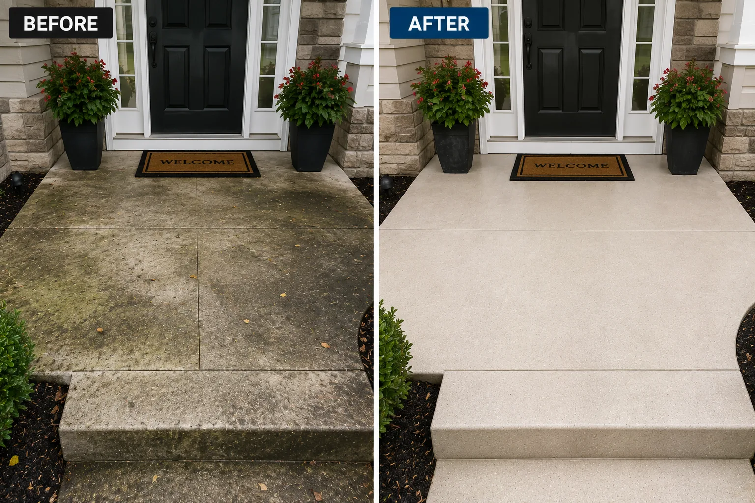Before and after front entry concrete cleaning project in Coralville, Iowa