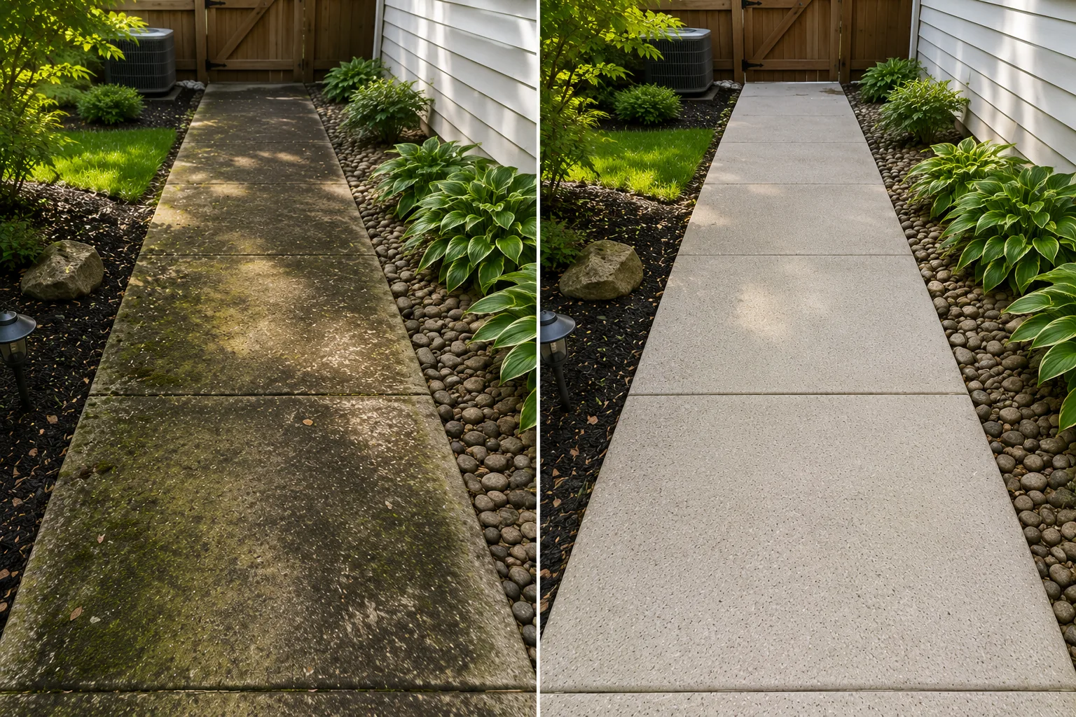 Before and after side-yard walkway pressure washing project in Coralville, Iowa