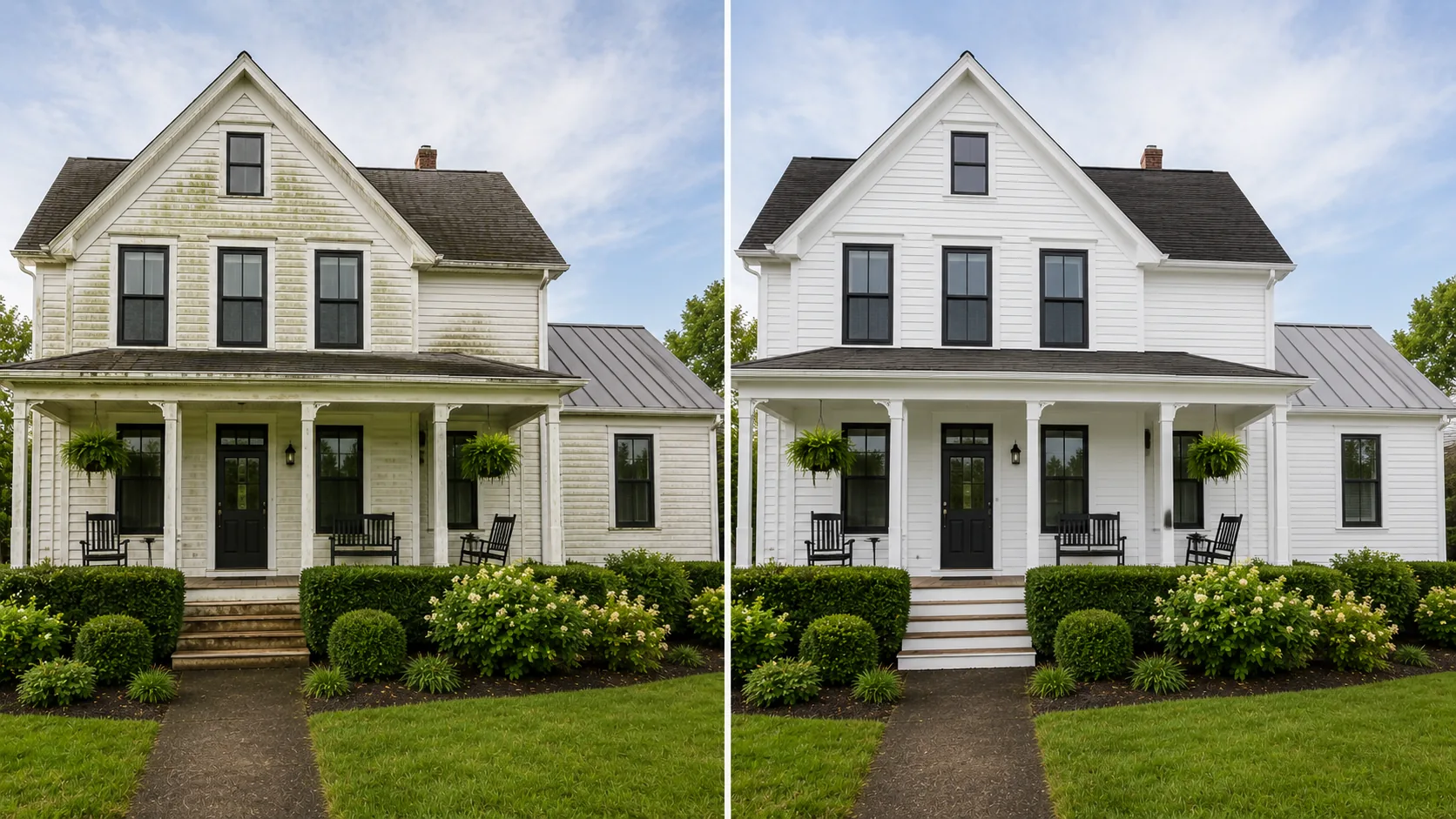 Before and after soft washing project on a white farmhouse in Coralville, Iowa