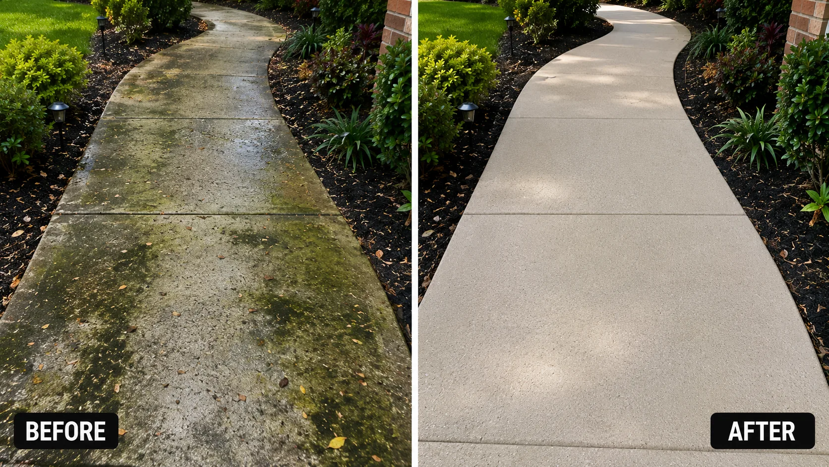 Before and after curved garden walkway cleaning project in Hiawatha, Iowa