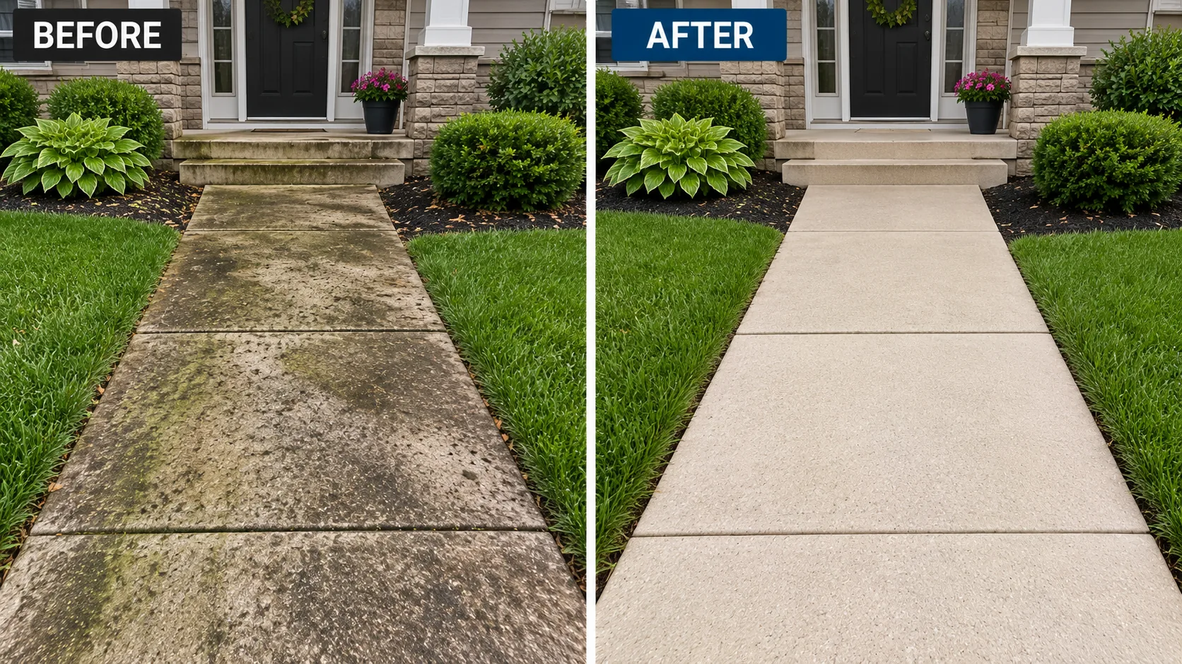 Before and after front sidewalk pressure washing project in Hiawatha, Iowa