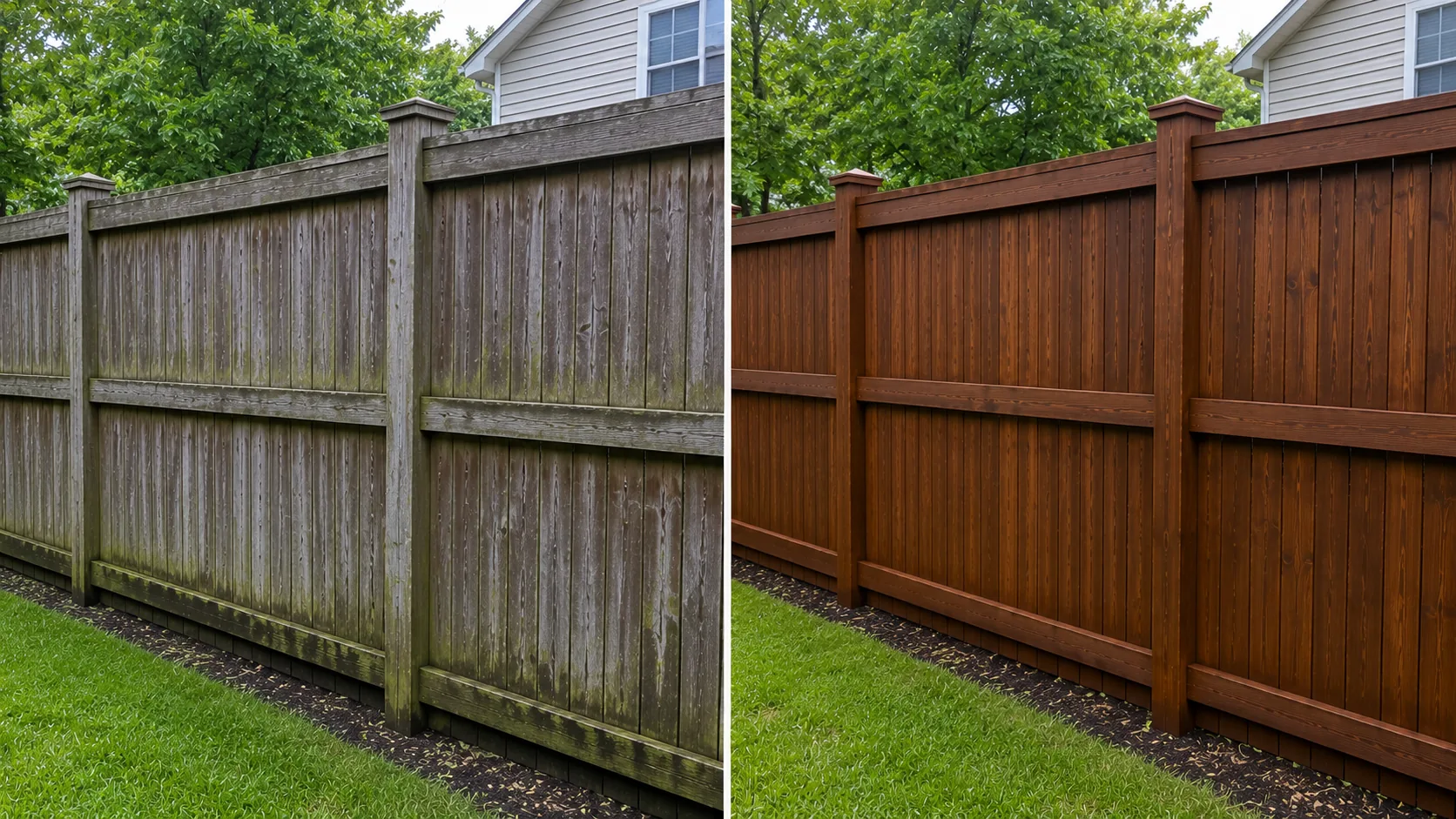 Before and after cedar privacy fence washing and staining project in Iowa City, Iowa