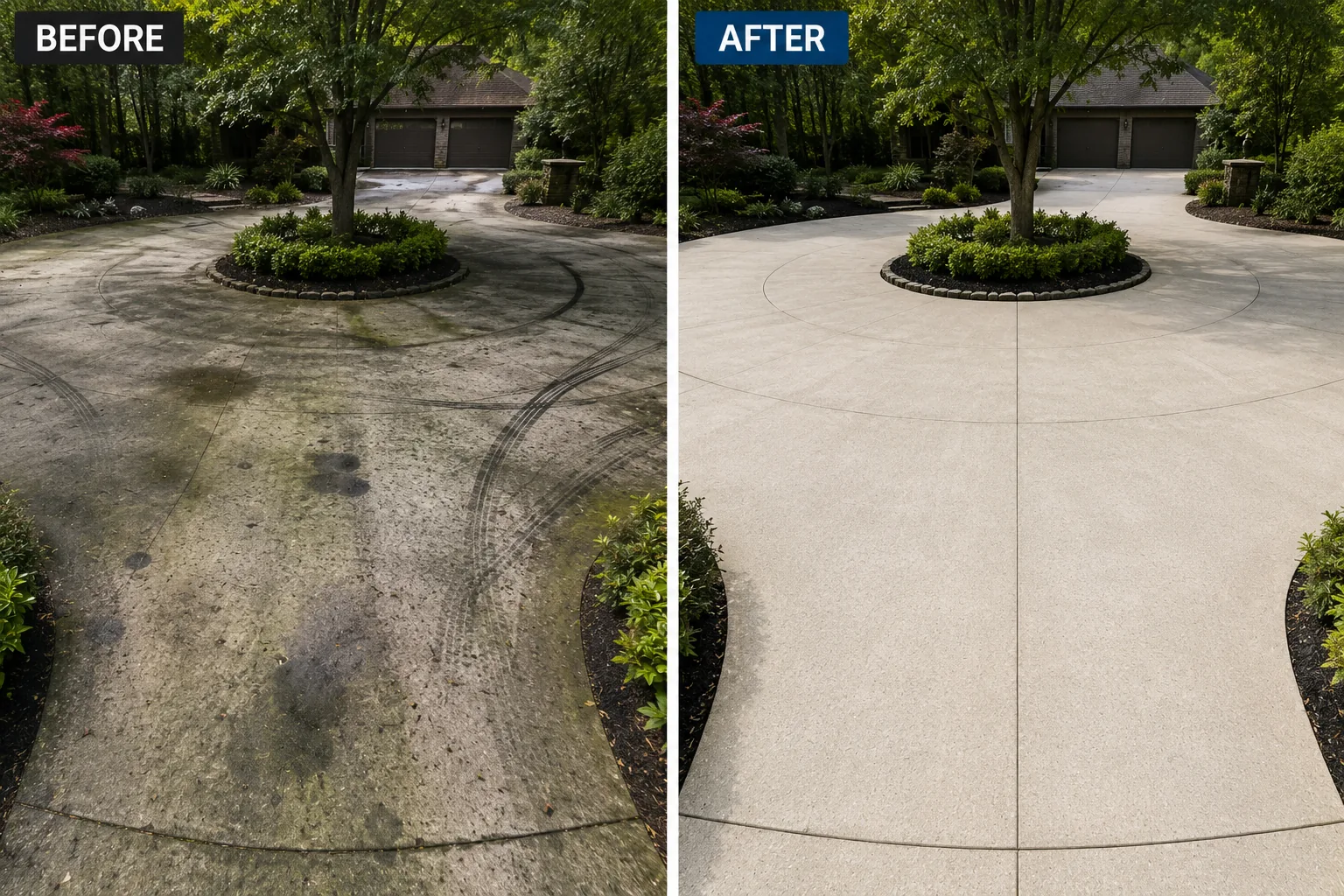Before and after circular driveway pressure washing project in Iowa City, Iowa