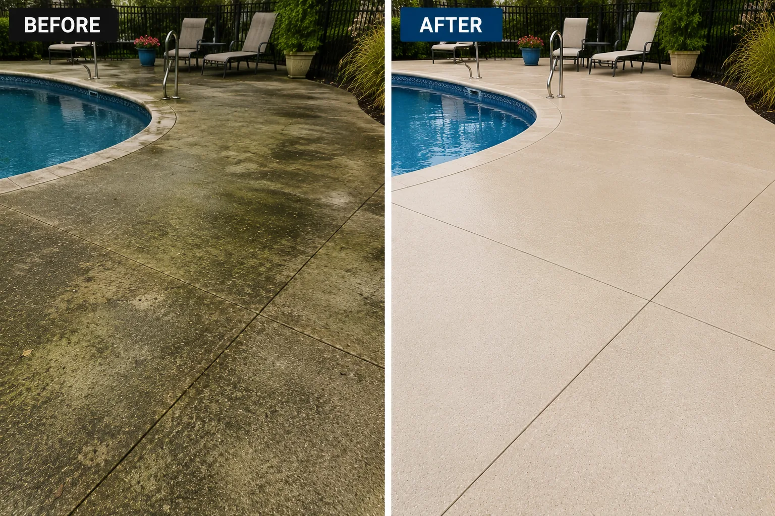 Before and after pool deck pressure washing project in Iowa City, Iowa
