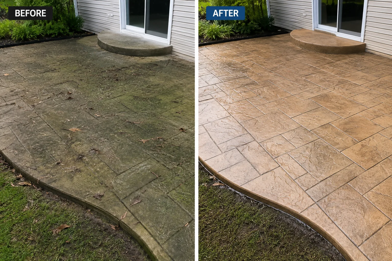 Before and after stamped concrete patio cleaning project in Iowa City, Iowa