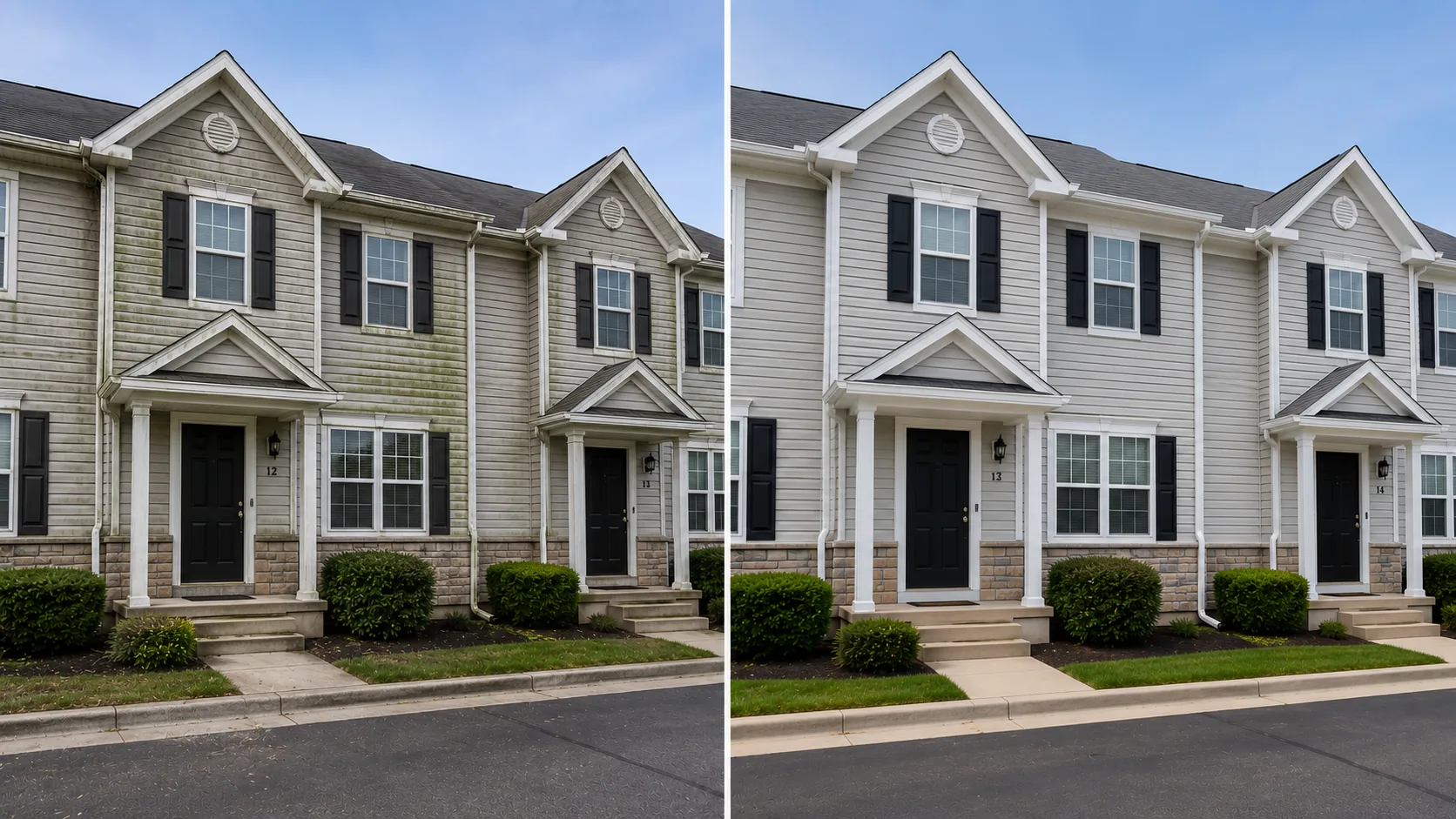 Before and after townhouse exterior cleaning project in Iowa City, Iowa