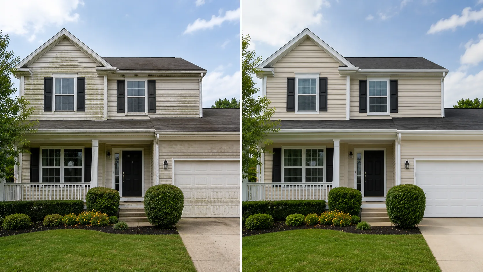 Before and after vinyl siding house washing project in Iowa City, Iowa