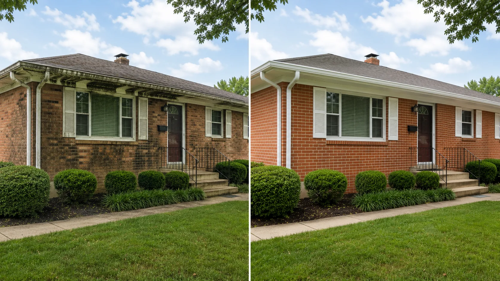 Before and after brick ranch house washing project in Marion, Iowa
