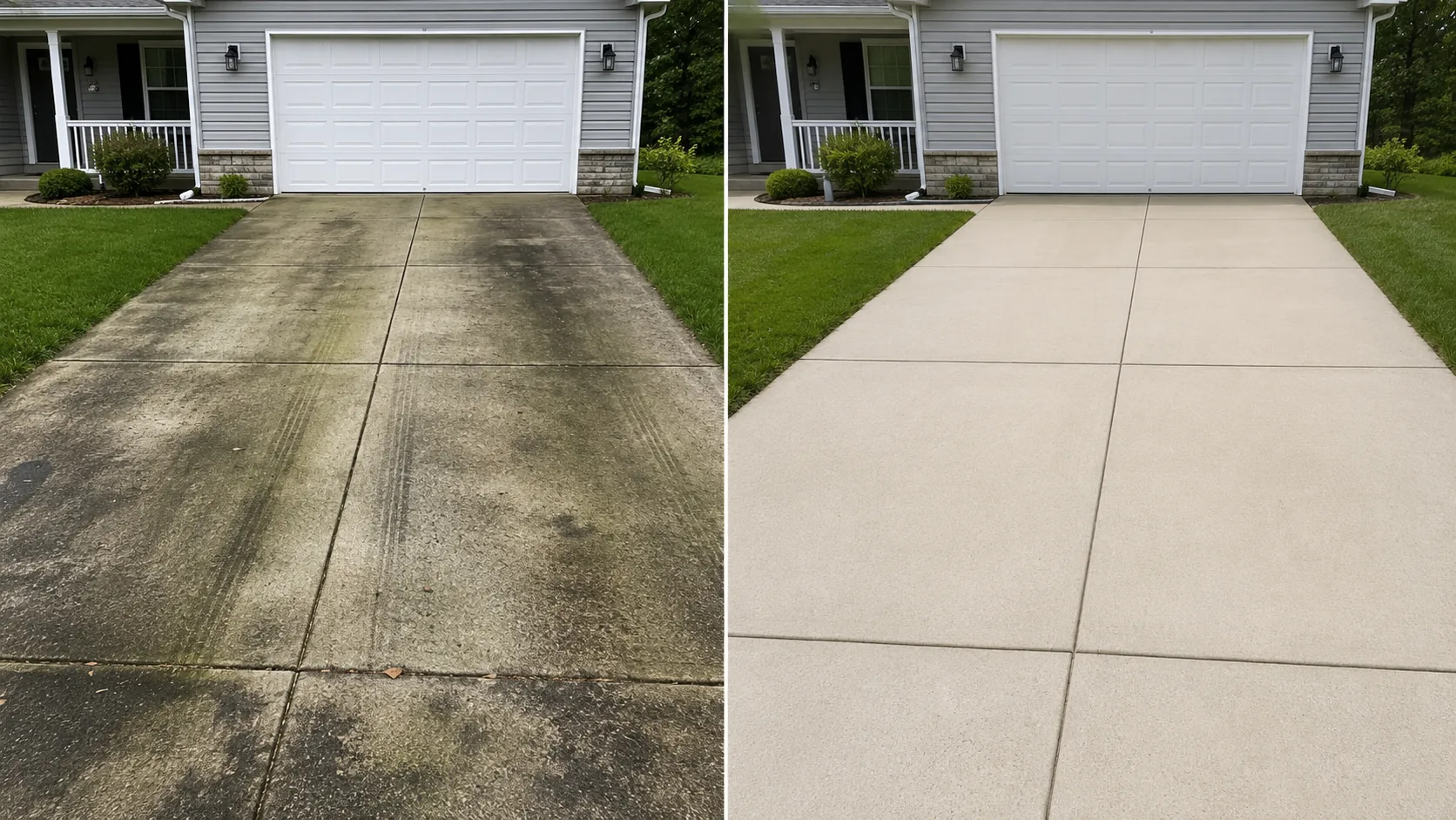 Before and after concrete driveway cleaning project in Marion, Iowa