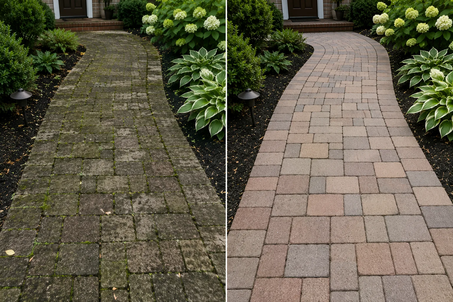 Before and after paver walkway cleaning project in Marion, Iowa