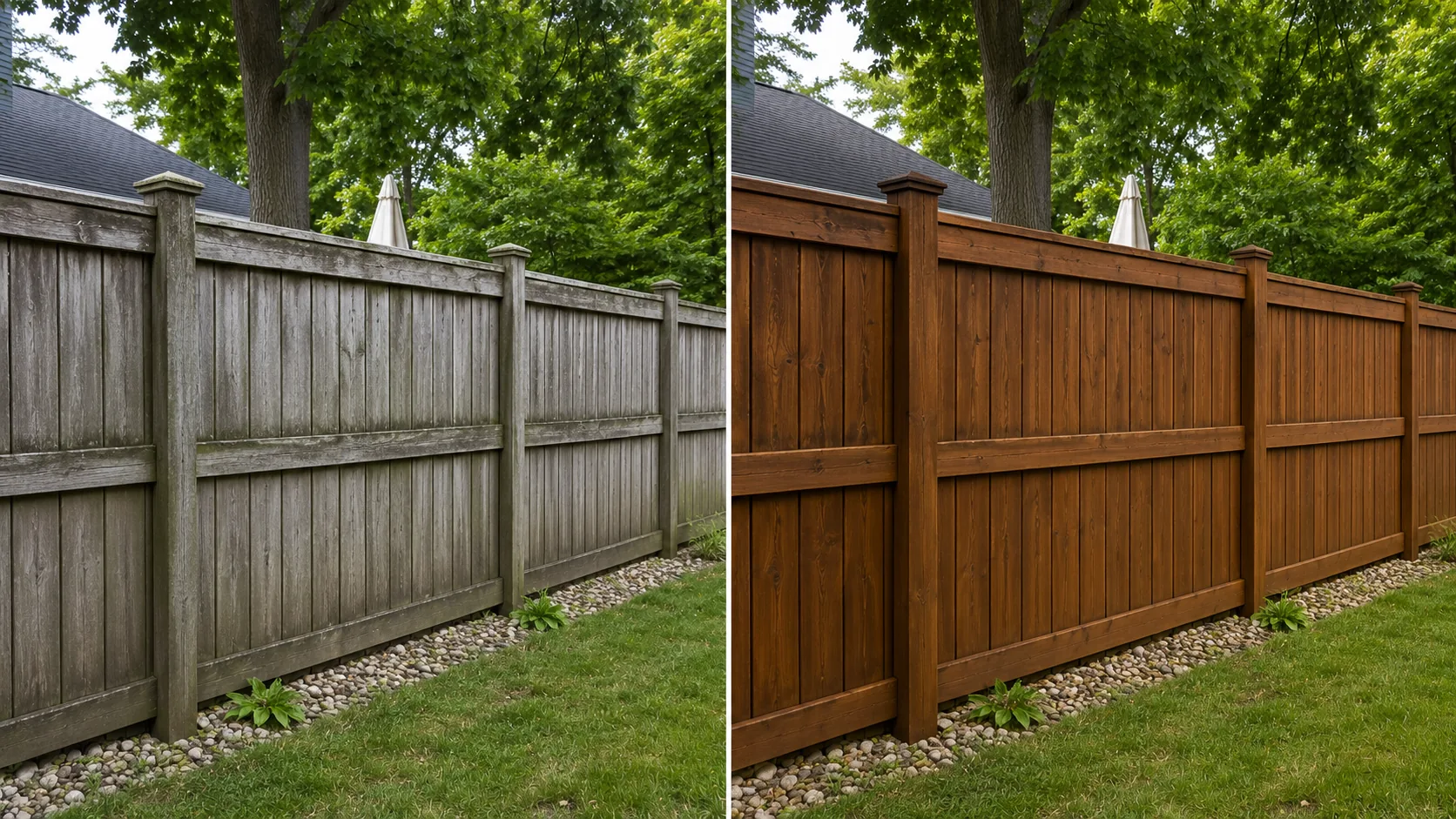 Before and after wood privacy fence restoration project in Marion, Iowa