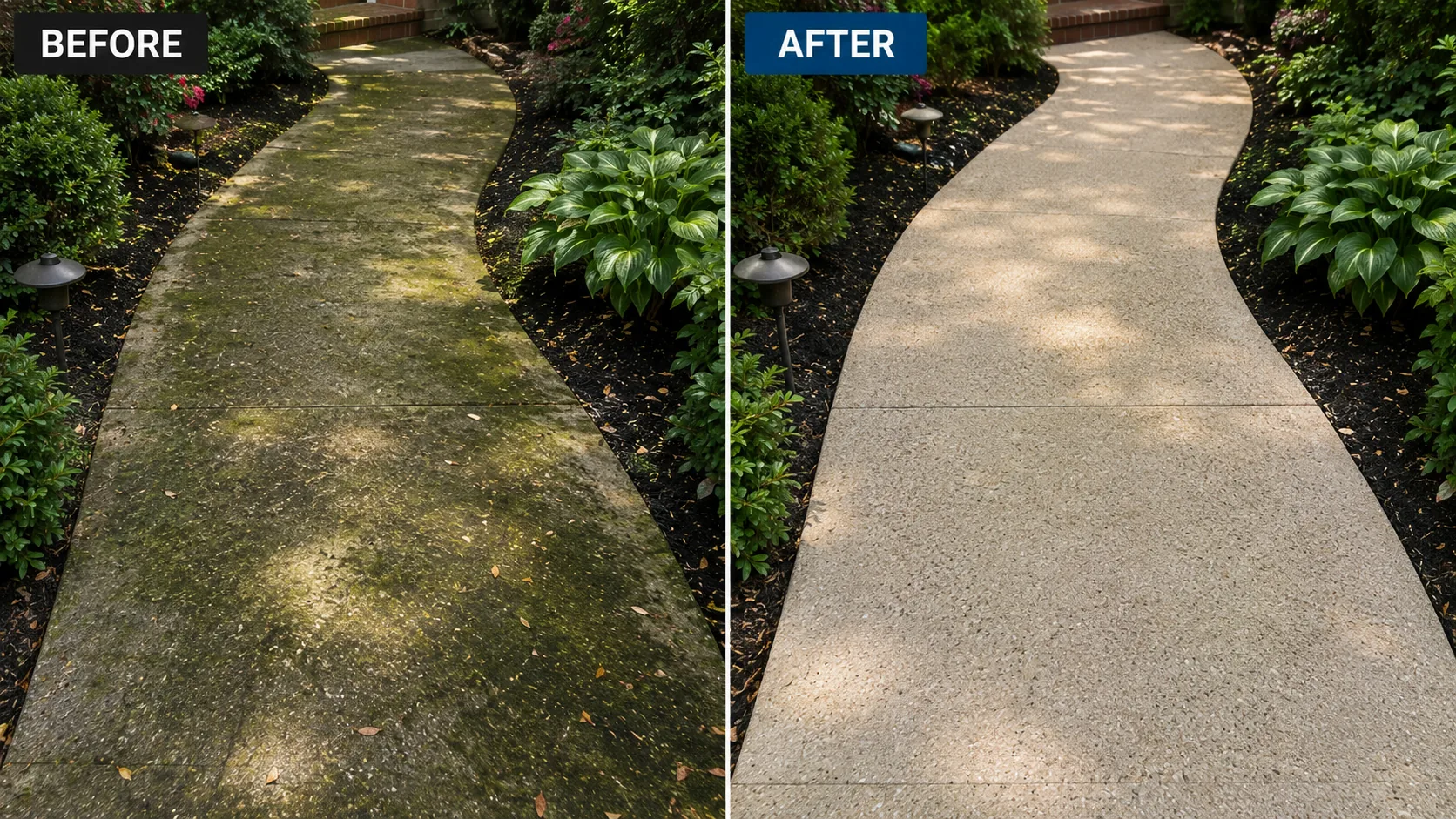 Before and after curved walkway pressure washing project in North Liberty, Iowa