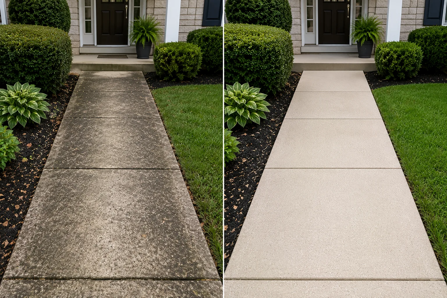 Before and after front walkway concrete cleaning project in North Liberty, Iowa