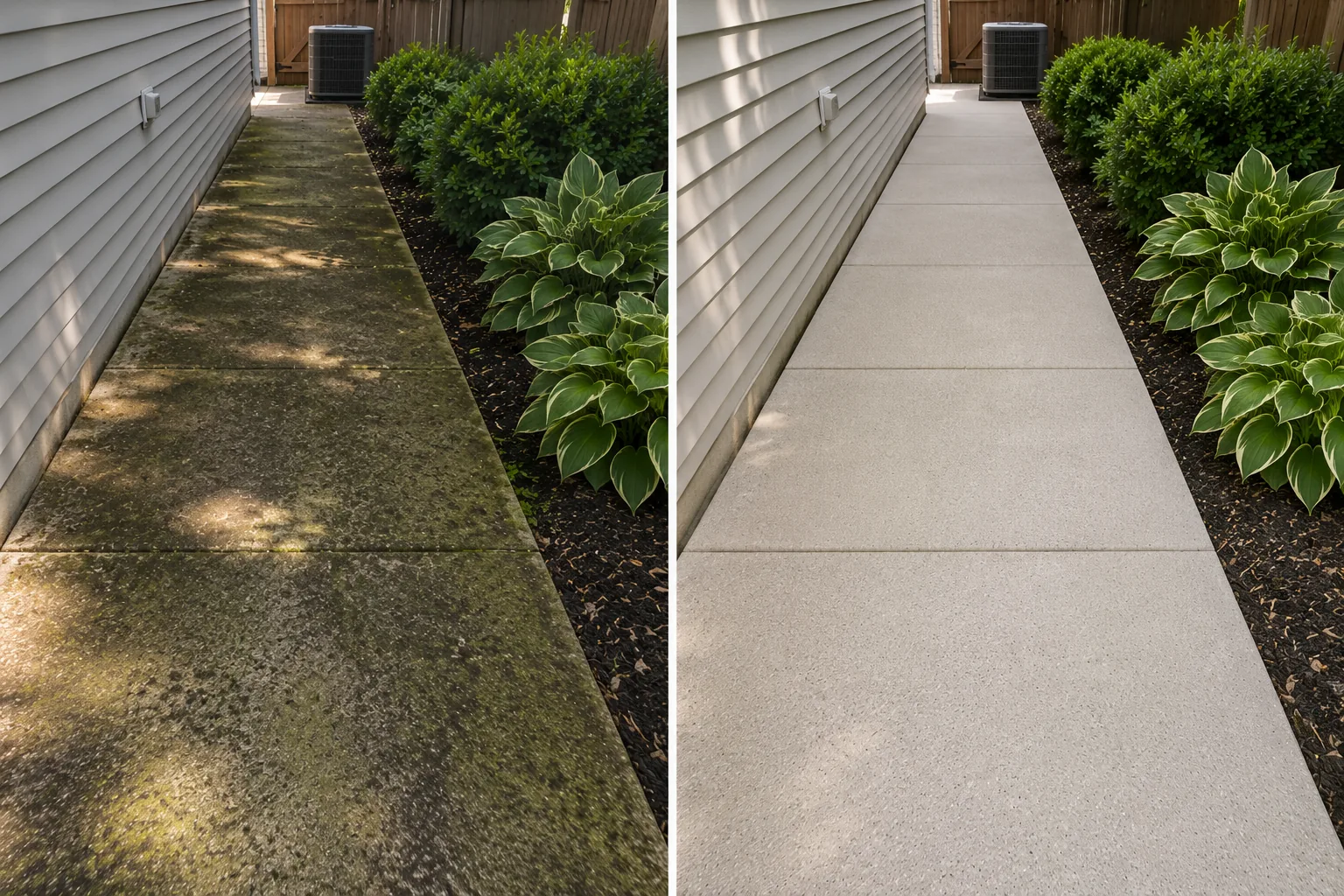 Before and after side-yard sidewalk cleaning project in North Liberty, Iowa