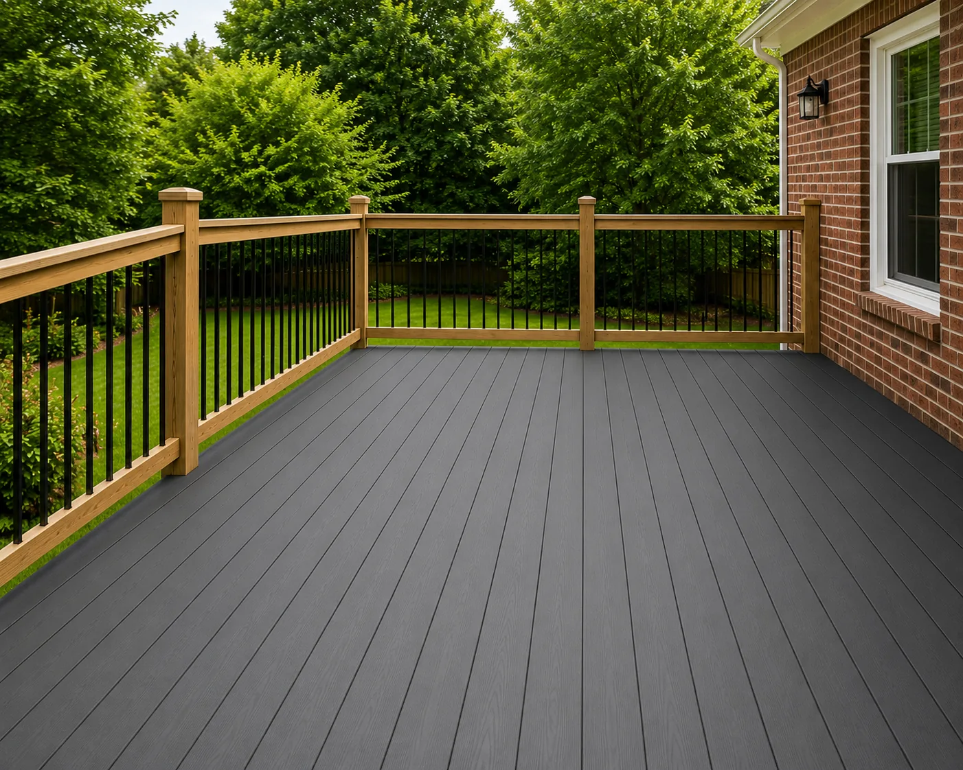 Finished gray deck with wood railings and black spindles