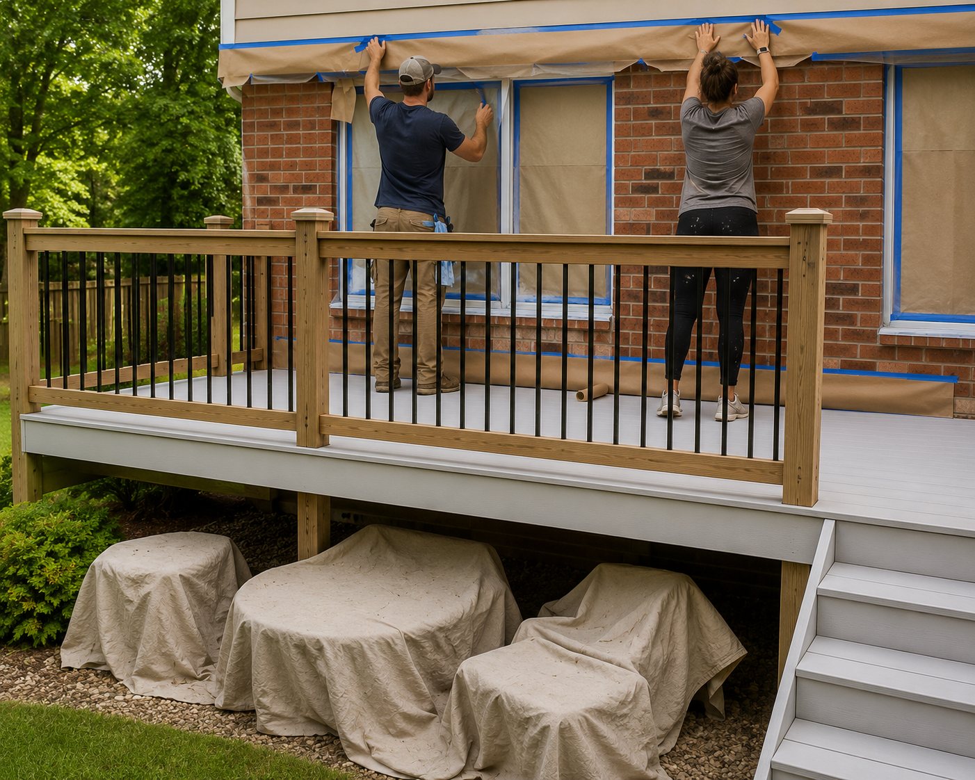 Workers masking house siding and windows before deck staining