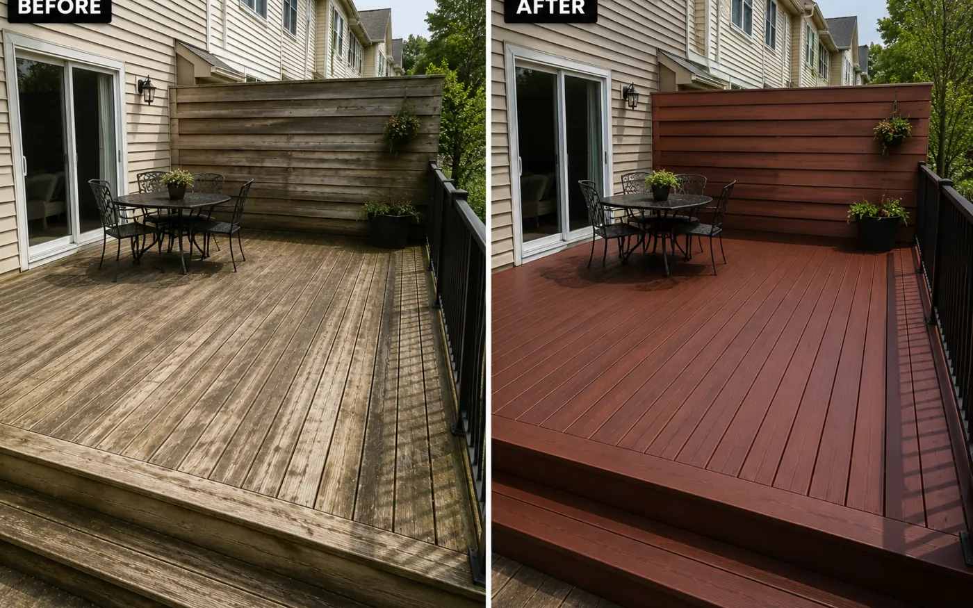 Deck privacy wall staining before and after