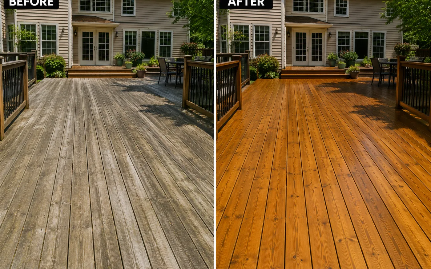 Clear deck stain before and after showing natural wood grain