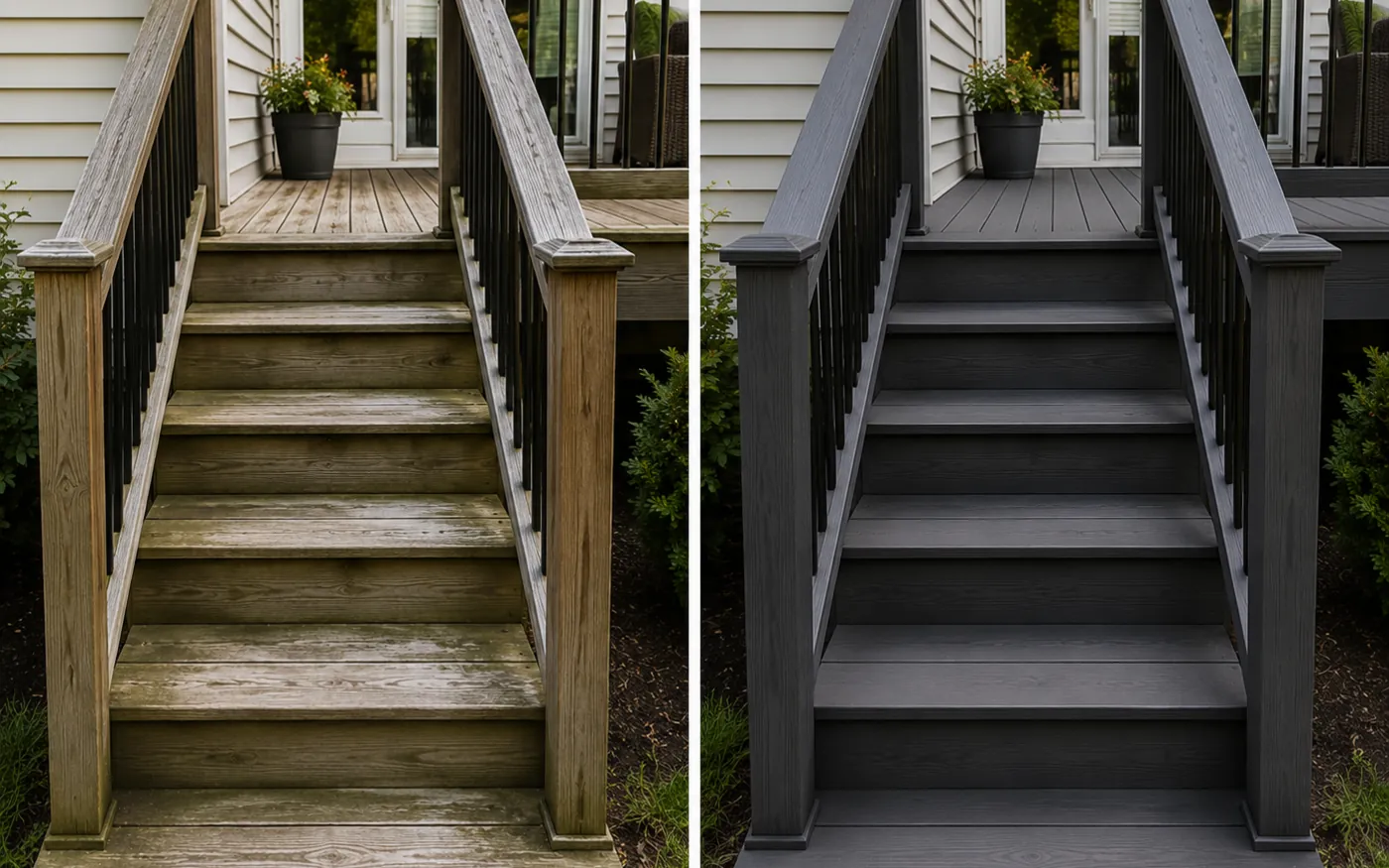 Deck steps and railings stained after prep