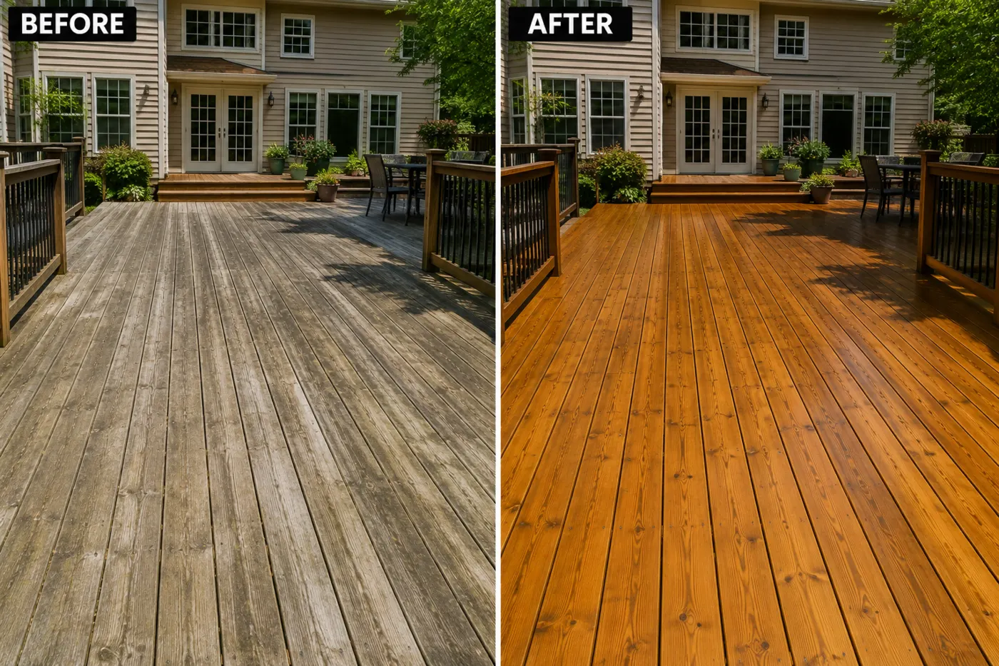 Real Cedar Rapids deck before and after professional refinishing