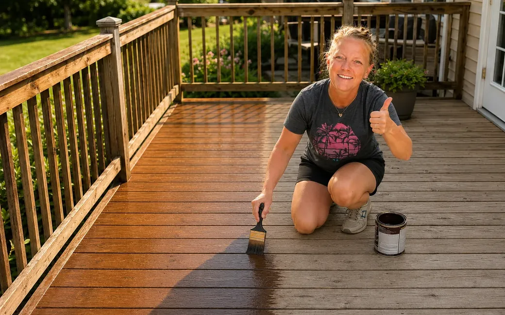 Wood deck staining with brush after surface prep
