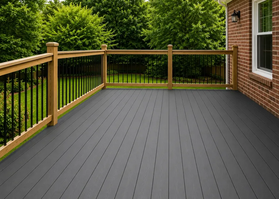 Finished stained deck with wood railings and black spindles
