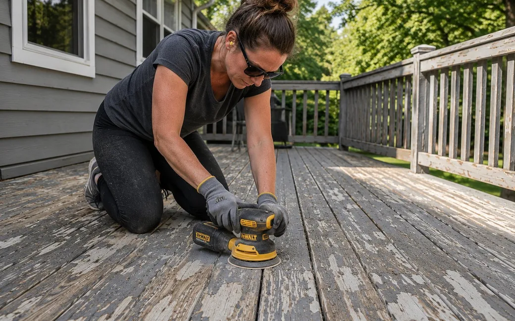 Sanding failed peeling deck coating before applying a new finish