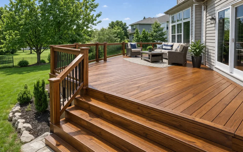 Finished stained wood deck with stairs, railings, and outdoor seating