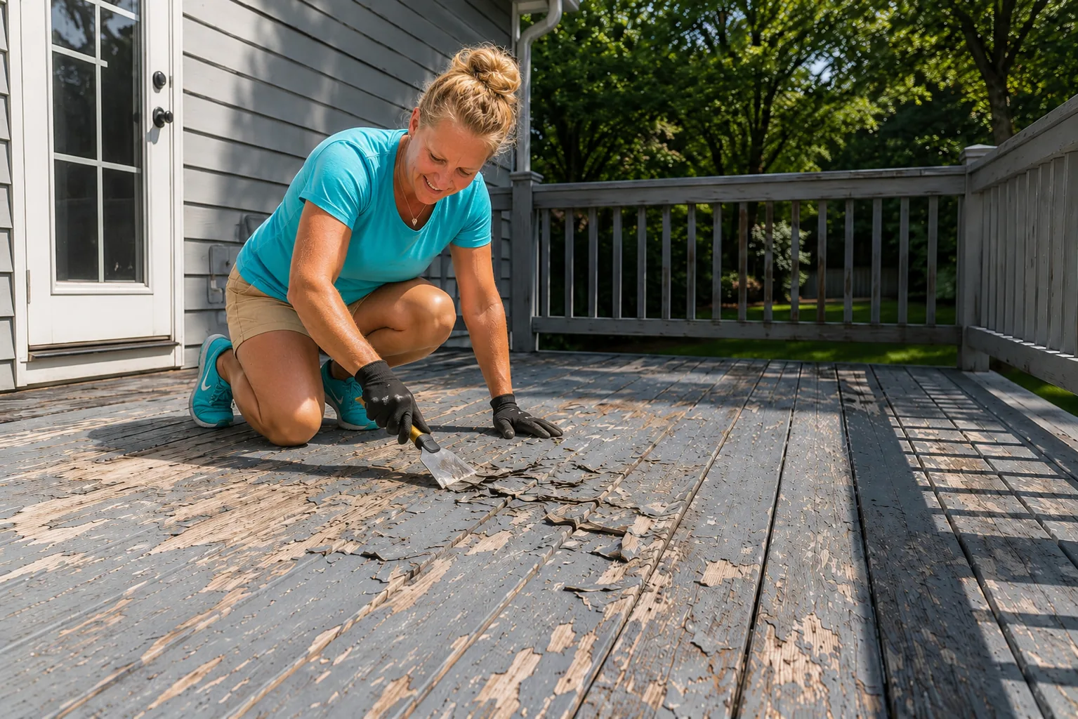 Scraping peeling deck stain before restoration